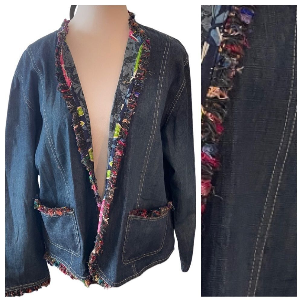 VINTAGE CHICO’S DENIM JACKET WITH SILK‎ TRIM, Sz M